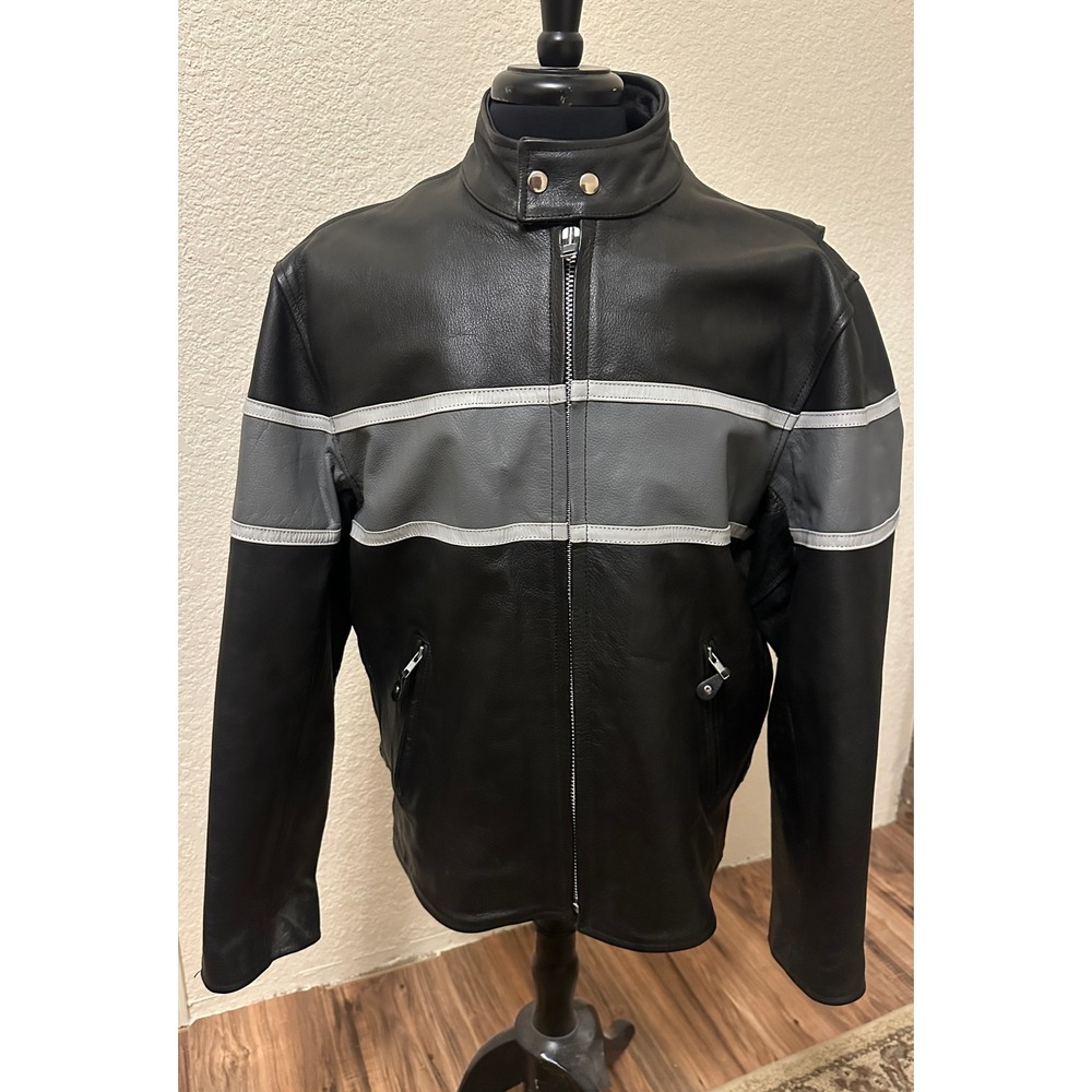 Hot Leathers Mens Black Genuine Leather Cafe Racer Motorcycle Jacket Grey Stripe
